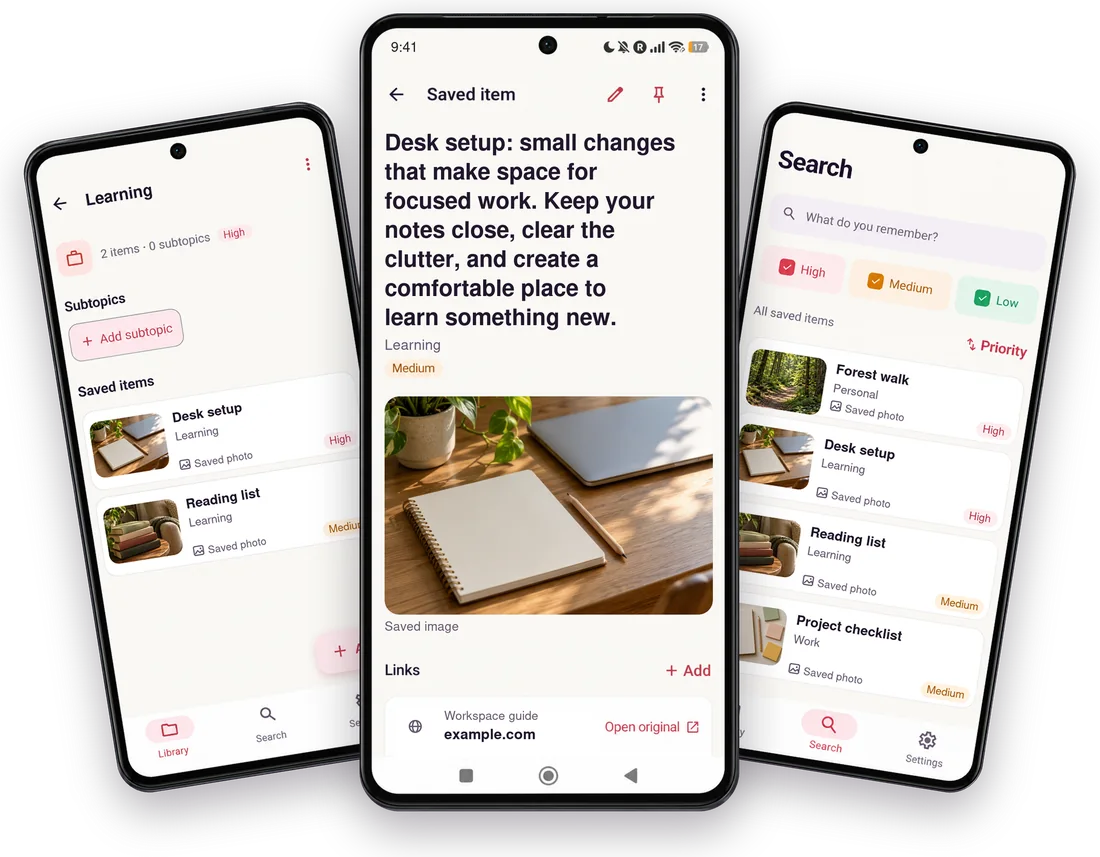 Easy Remember on Android: a topic, a saved item and search