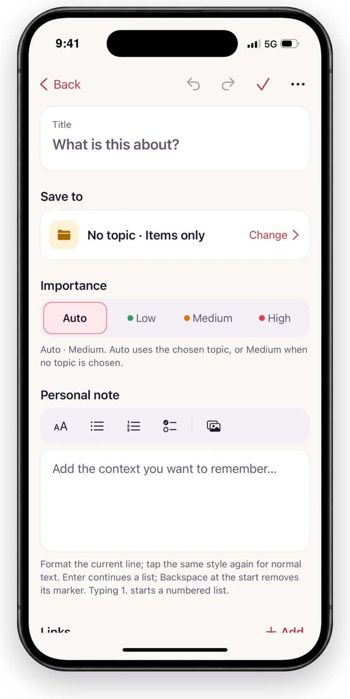 Creating a note with a title, topic, importance and formatting tools