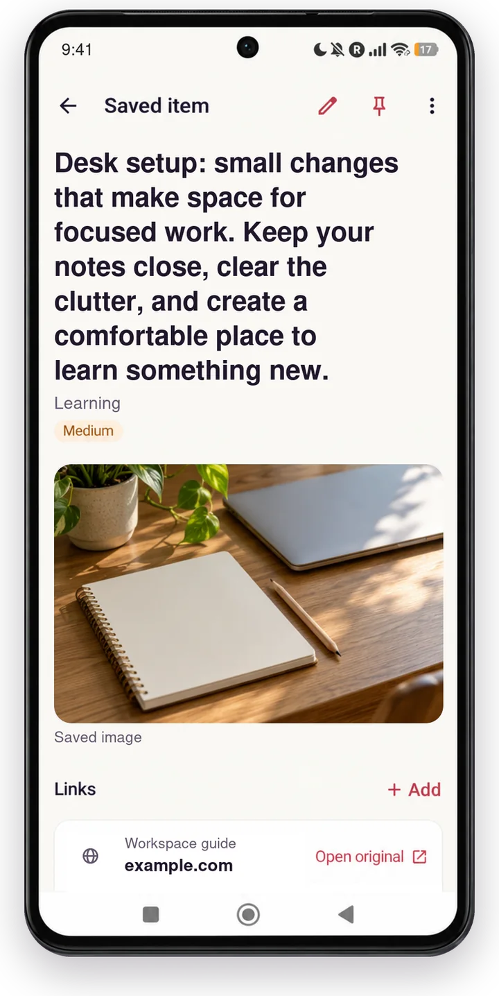 A saved item with its title, photo, topic, importance and original link
