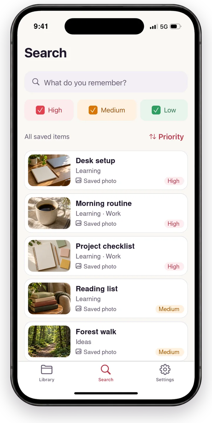 Search showing all saved items with importance filters and priority sorting