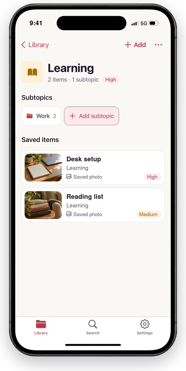 A Learning topic with a Work subtopic and saved items