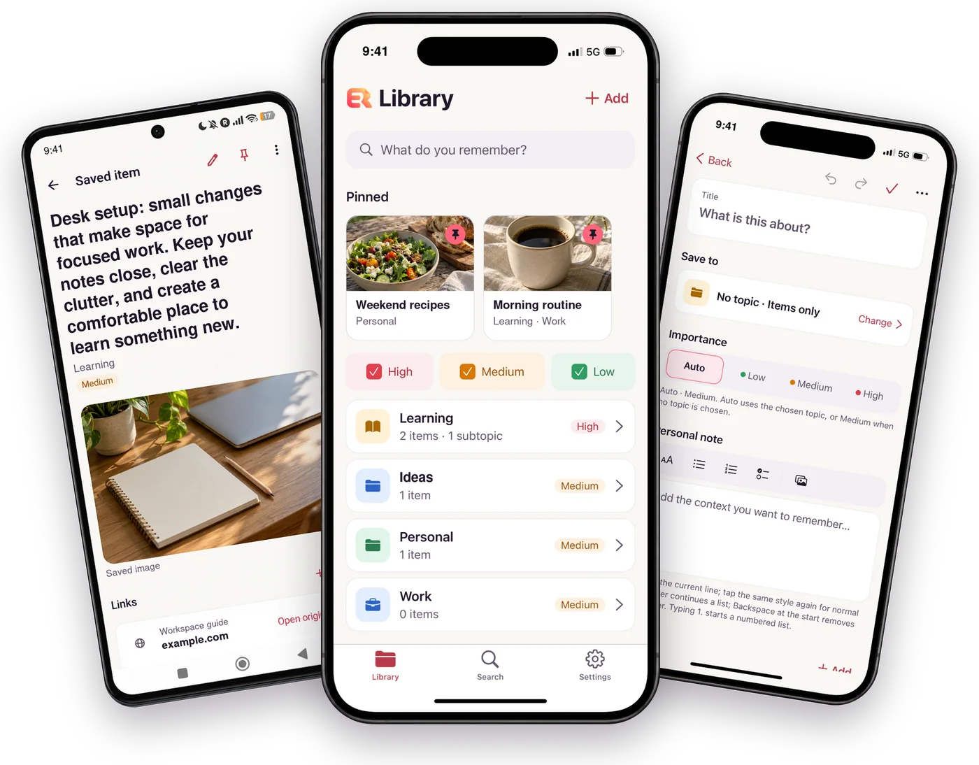 Easy Remember on iPhone and Android: a saved item with its photo, the library, and a new note