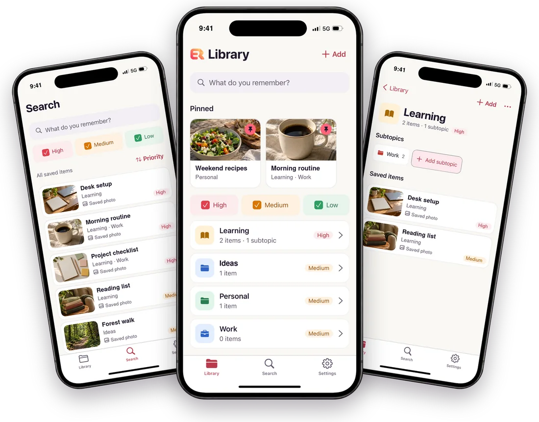Easy Remember on iPhone: search, library and a topic